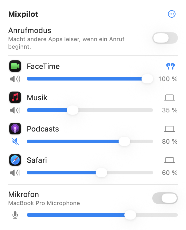 Das Mixpilot-Fenster mit FaceTime, Musik, Podcasts und Safari, jeweils mit eigenem Lautstärkeregler, Taste für „Ton aus“ und Ausgabegerät.